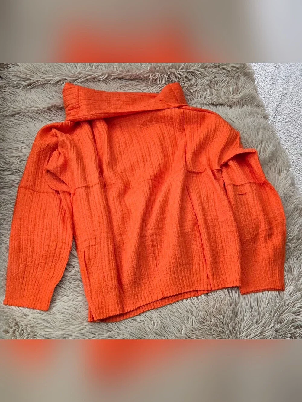 Ribbed Off-Shoulder Cowl Neck Sweater - Orange #1305 - Picture 3 of 7